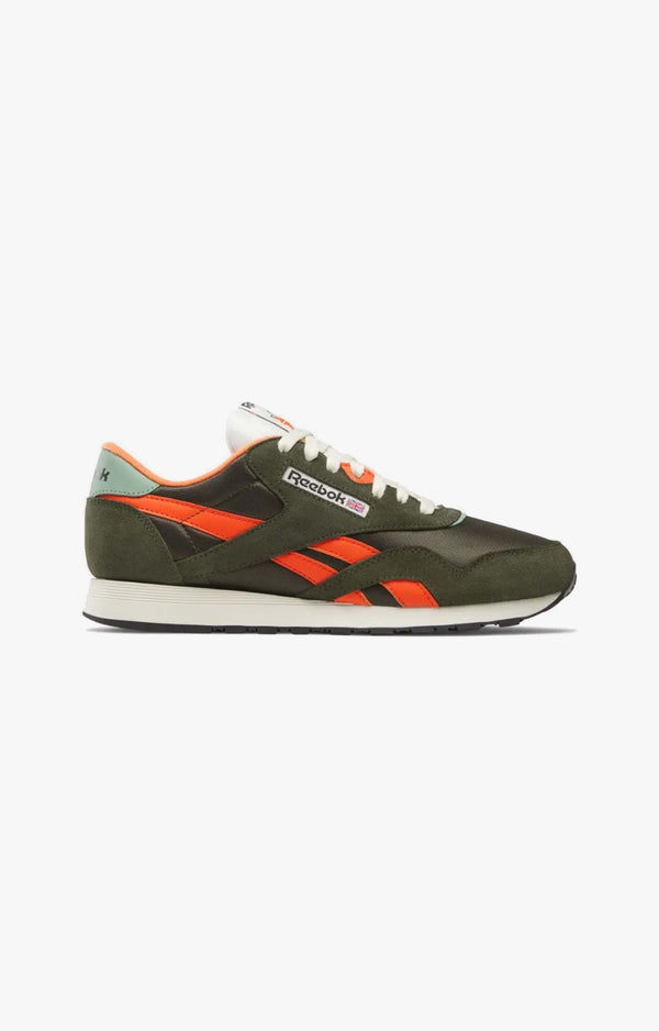 Reebok CL Nylon Shoe, Green/Pump Orange/Chalk